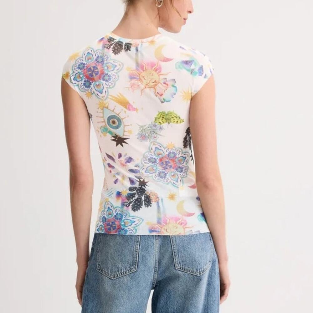 AFRM Nina Top Sun & Floral Print Sheer Mesh Cap Sleeve Tee Summer Convo M - Picture 2 of 11